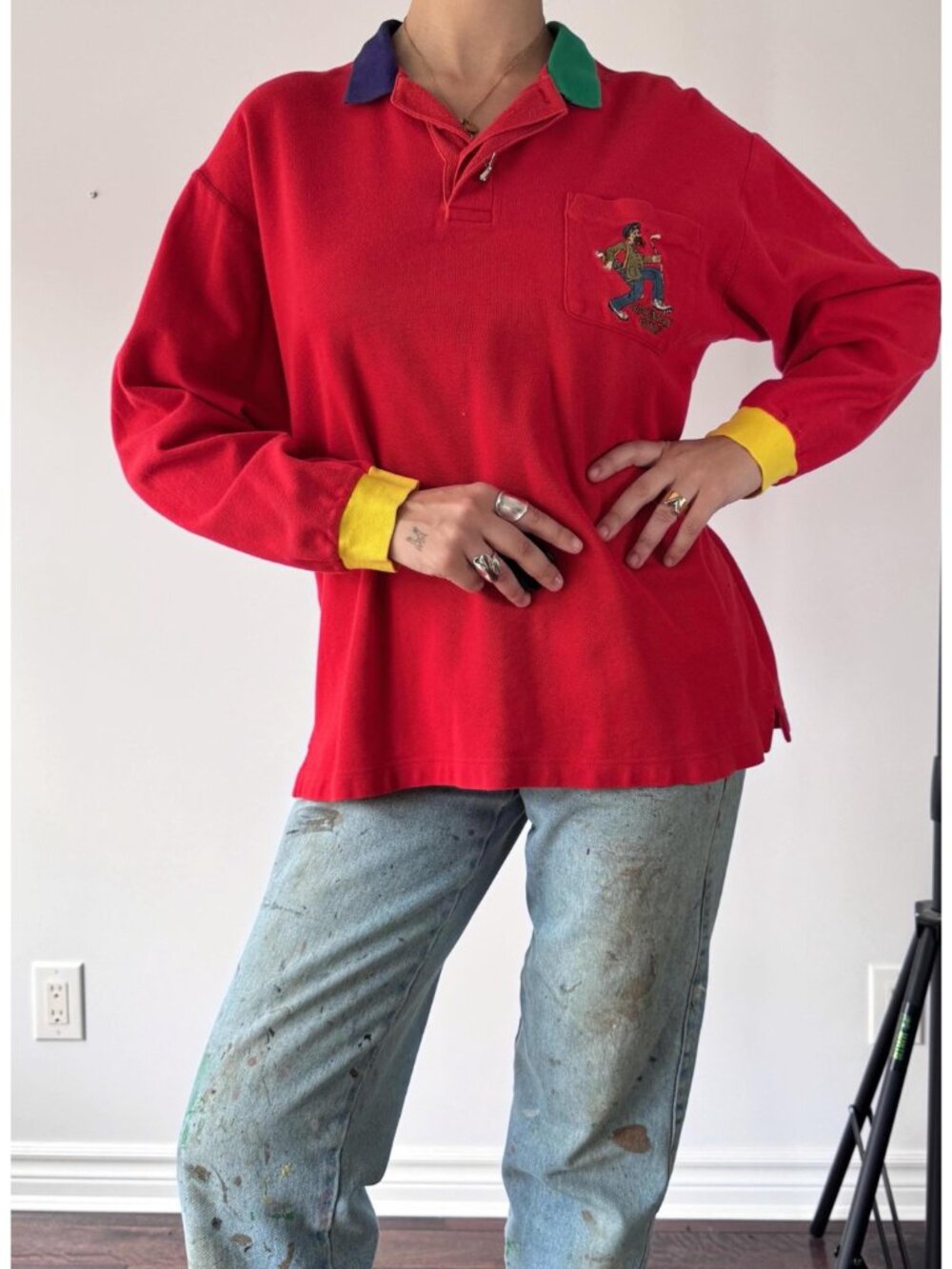 90s vintage Made in Japan red colorblock novelty golf collared cotton shirt - Picture 2 of 9